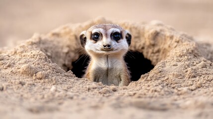 Fototapeta premium Meerkat emerging from burrow, curious gaze