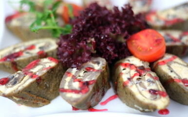 Crepes stuffed salad Fried rolled pancakes stuffed meat. Crepes stuffed with tuna, cucumber, eggs, arugula salad