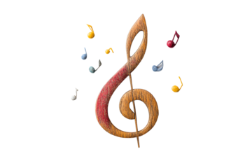 A wooden treble clef surrounded by colorful musical notes, symbolizing creativity and harmony in music, isolated on a white background.