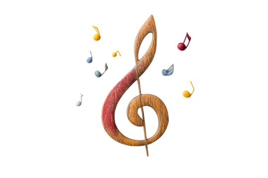 A wooden treble clef surrounded by colorful musical notes, symbolizing creativity and harmony in music, isolated on a white background.