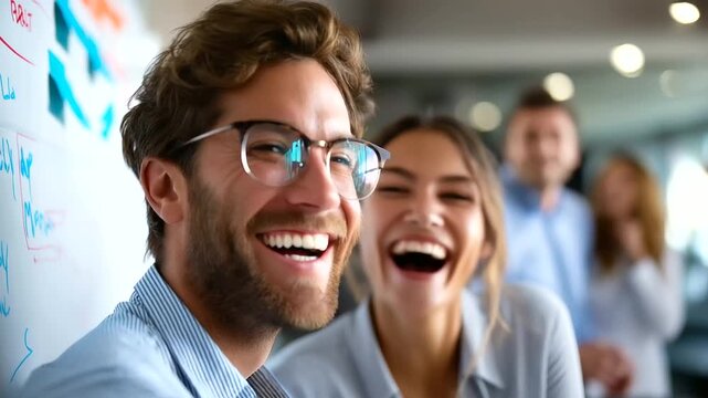 Business people sharing a joyful laugh near a whiteboard in a vibrant office, corporate team fun, office laughter bonding, business colleagues camaraderie, workplace joy moment, wi