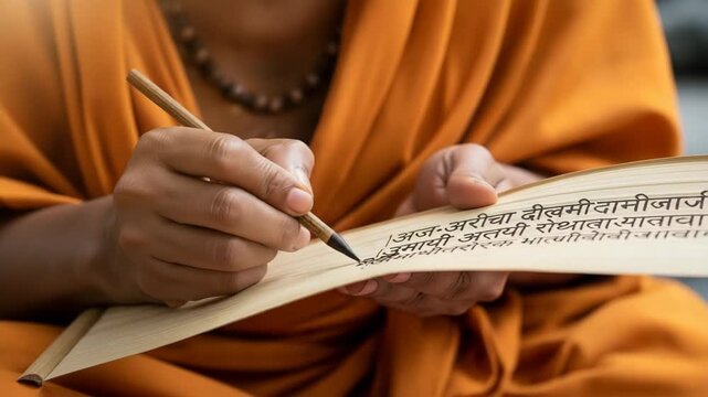 Person writing sanskrit text with traditional pen on parchment background. Sanskrit text handwriting close up, showcasing ancient script with expressive lines and calligraphy.