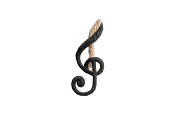 An artistic musical symbol crafted from wood and metal, isolated on a white background, ideal for music-themed projects or creative design.
