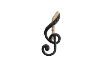 An artistic musical symbol crafted from wood and metal, isolated on a white background, ideal for music-themed projects or creative design.