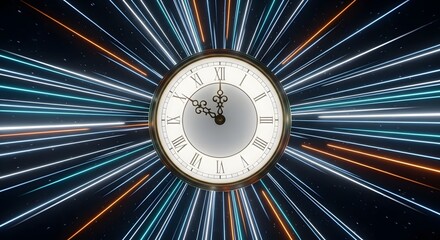 A vintage clock face with Roman numerals is superimposed over a dynamic background of light streaks, suggesting the passage of time or a journey through space.