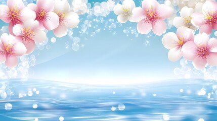 Delicate pink and white blossoms float above shimmering blue water.