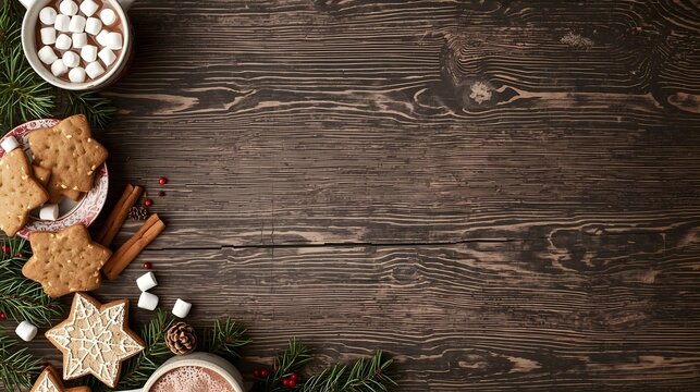 Rustic Wooden Table with Hot Cocoa and Gingerbread Cookies – Warm Cozy Christmas Morning Concept