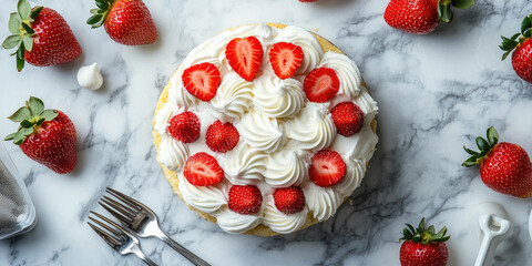 Fresh homemade strawberry shortcake with whipped cream and mint on white marble, styled with baking utensils and ingredients for a festive, elegant celebration dessert photo shoot