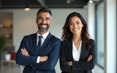 Happy confident professional mature Latin business man and Asian business woman corporate leaders managers standing in office, two diverse colleagues executives team posing arms crossed, portrait.