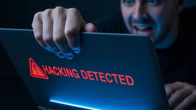 Man and hacking detected alert on laptop screen, security breach. Hacking detected alert as cybercrime unfolds, as attacker tries to steal data.