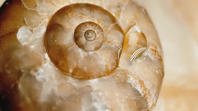 Close-up of a snail's shell with water droplet, showing spiral and textured details
