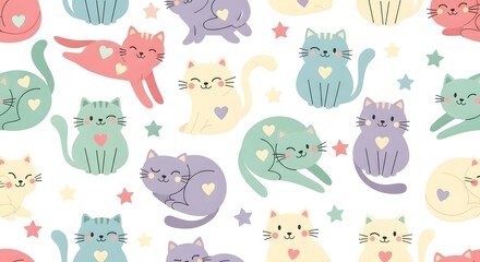 Seamless pattern of colorful cartoon cats with heart details