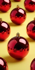 Red christmas ornaments arranged on yellow background with reflections
