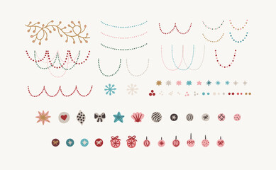 Christmas and winter holiday decorative elements set including garlands, beads, snowflakes, stars, ornaments, and baubles. Hand drawn vector illustration. Design for greeting card, invitation, banner