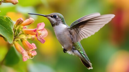 Fototapeta premium A hummingbird hovers near flowers, wings blurred, delicate details visible