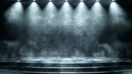 Empty stage with dramatic spotlights and atmospheric fog.