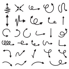 Hand-Drawn Arrow Icon Set – 25 Unique Black Doodles Including Spirals, Loops, Zigzags, and Multi-Headed Arrows for Directional Design and Infographics