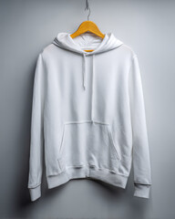 White Plain Cotton Hoodie On Wooden Hanger Mockup Isolated On Neutral Background