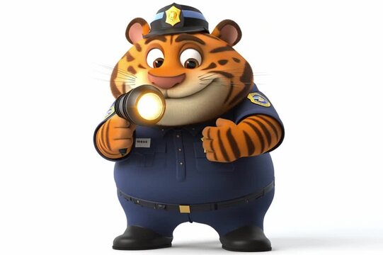 Tiger Police Officer on Duty: A cheerful tiger in police uniform shines his flashlight. He stands as a symbol of safety, duty, and protecting.