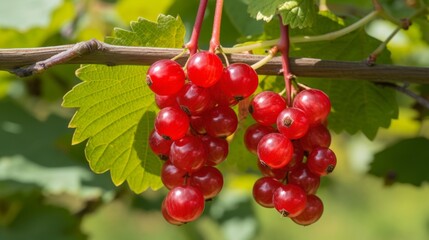 Fresh red currants hang from lush green leaves. This image captures the beauty of summer fruits in a natural setting. Ideal for food blogs or nature articles. AI