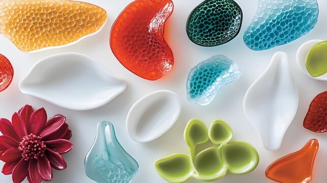 Colorful glass dish with flower laying flat on bright white surface