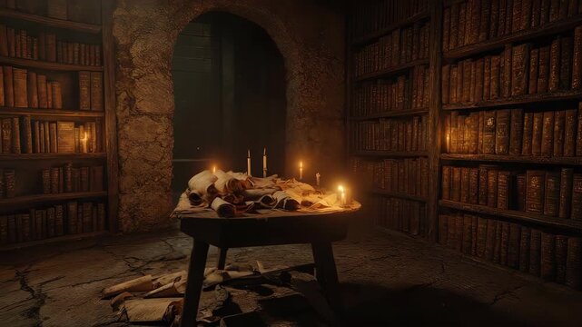 A candle-lit library interior features bookshelves, table, and parchment