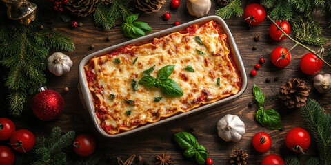 Festive Christmas lasagna on a dark backdrop: homemade, cheesy layers of pasta and sauce garnished with basil and garlic, styled for holiday dinner and Italian comfort food photography