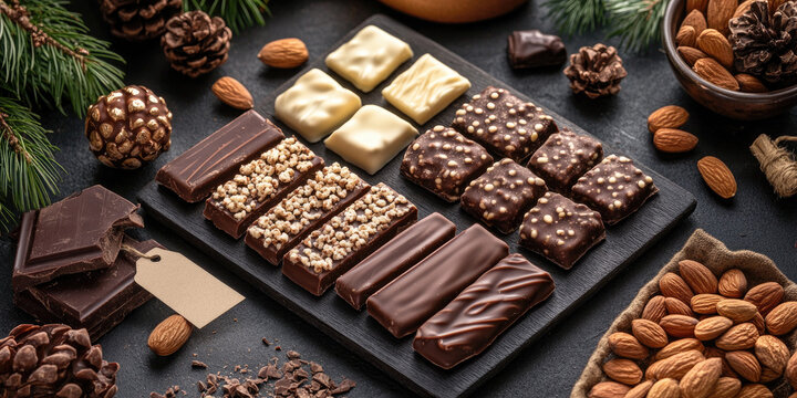 Flat lay of assorted Spanish turr&oacute;n including hard almond, soft nougat ,chocolate covered varieties, arranged with festive holiday decor and blank label tag, traditional Christmas sweets, copy space