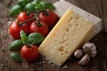 Tomatoes, basil, and aged cheese arranged on a rustic wooden surface