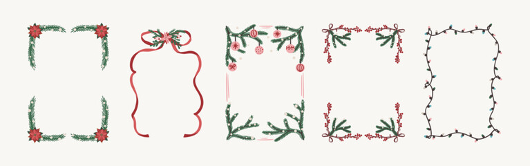 Set of Christmas decorative frames with floral, branch, ribbon, and string light elements. Hand drawn vector borders with bows, poinsettia, fir branches, and ornaments. Invitations, greeting cards