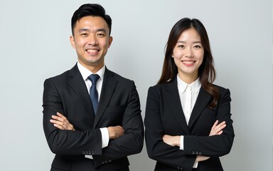 Portrait of successful Asian businessman and businesswoman with arms crossed and smile. High quality