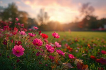 Garden of pink and red cosmos blooms with a gentle blurred backdrop, featuring flowers, sky, nature, grass, landscape, leaves, autumn, beauty, and joy