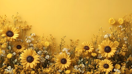 Bright yellow sunflowers and wildflowers bloom against a solid yellow background.