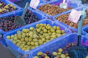 Variety of pickled olives sold outside from market stall