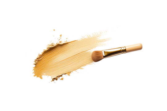 Cosmetic brush with foundation swatch on a white background, showcasing beauty tools and makeup artistry for self-care enthusiasts.