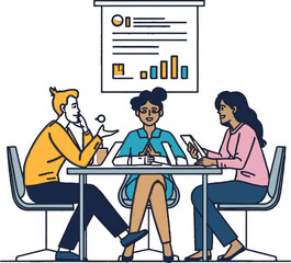 Vector line art of office team working together. EPS-ready for teamwork, business, and corporate themes. Clean, scalable, and suitable for professional design use.
