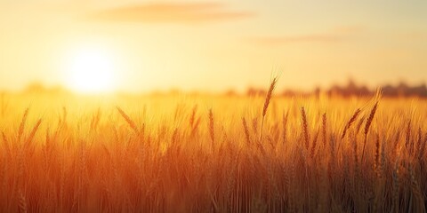 Fototapeta premium Gold wheat field. Sun Setting Over Golden Ripe Wheat Field Landscape. Rich harvest concept. Agriculture farm.