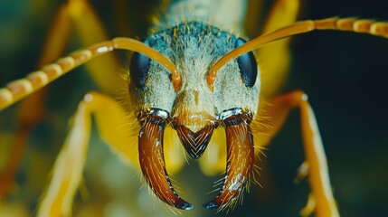 Fototapeta premium Detailed macro shot of an ant's head with its large mandibles