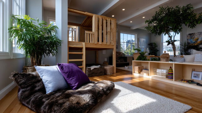 A chic play area featuring a wooden structure, soft seating, and vibrant plants, designed for children to play joyfully while enjoying a touch of nature indoors.