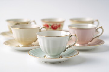 Fototapeta premium Collection of antique teacups displayed on a white surface in soft pastel hues