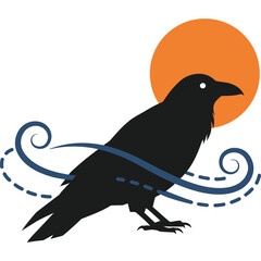 Fototapeta premium Raven Silhouette with Moon and Swirls bird orange blue curve abstract illustration vector design graphic symbol icon art artwork nature