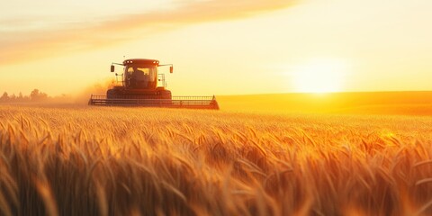 Fototapeta premium Combine harvester working in a wheat field at sunset. Concept of agriculture and harvest.
