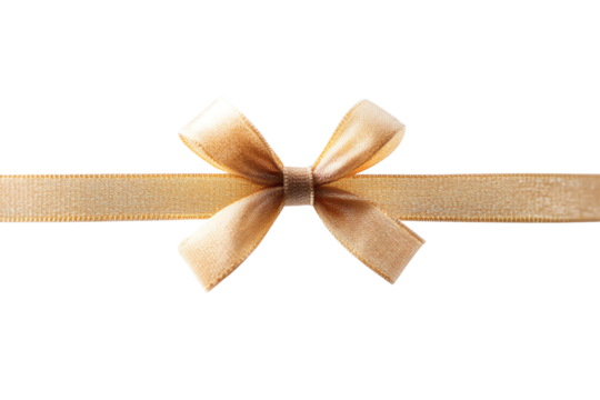 Elegant gold ribbon bow in a stylish arrangement, perfect for gift wrapping or decoration on white isolated background.