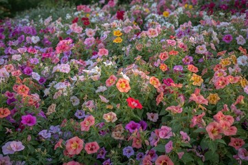 Obraz premium Variety of colorful petunias climbing a wall