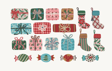 Clipart set of decorated gift boxes, Christmas stockings and holiday candies in various patterns and colors. Hand drawn vector illustration. Design for sticker, greeting card, invitation, print.