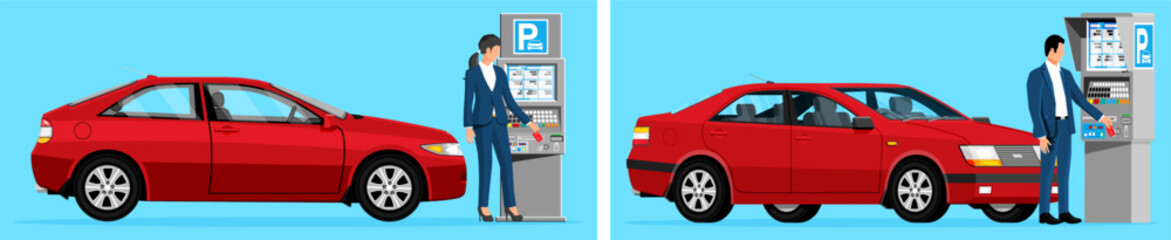 Woman and man paying for parking at a parking meter next to red cars. Automated parking payment for urban transport.