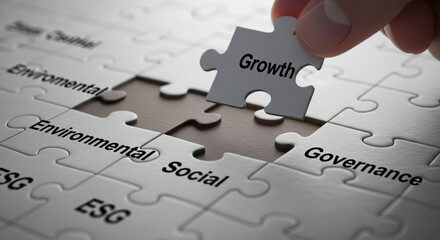 Hand placing growth puzzle piece into an esg puzzle represents positive strategy for sustainable investment and corporate social responsibility for future success