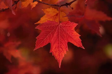 Fototapeta premium Crimson leaf with an abstract fall-themed backdrop featuring warm brown and orange tones