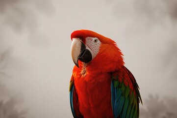 Obraz premium Isolated red parrot against a white backdrop with vibrant green and blue hues, showcasing a cute animal in nature