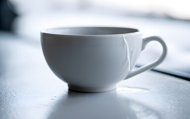 A simple white ceramic coffee cup sits on a light colored surface with a soft blurred background suggesting a cozy morning or quiet moment